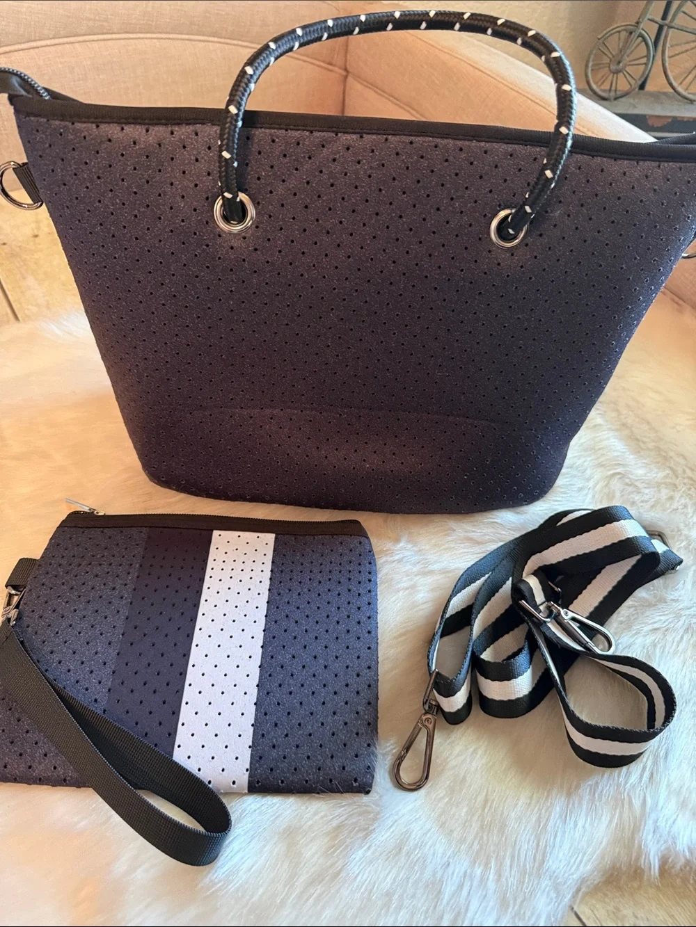 Striped Charcoal and White Tote Bag with Wristlet and Crossbody Strap